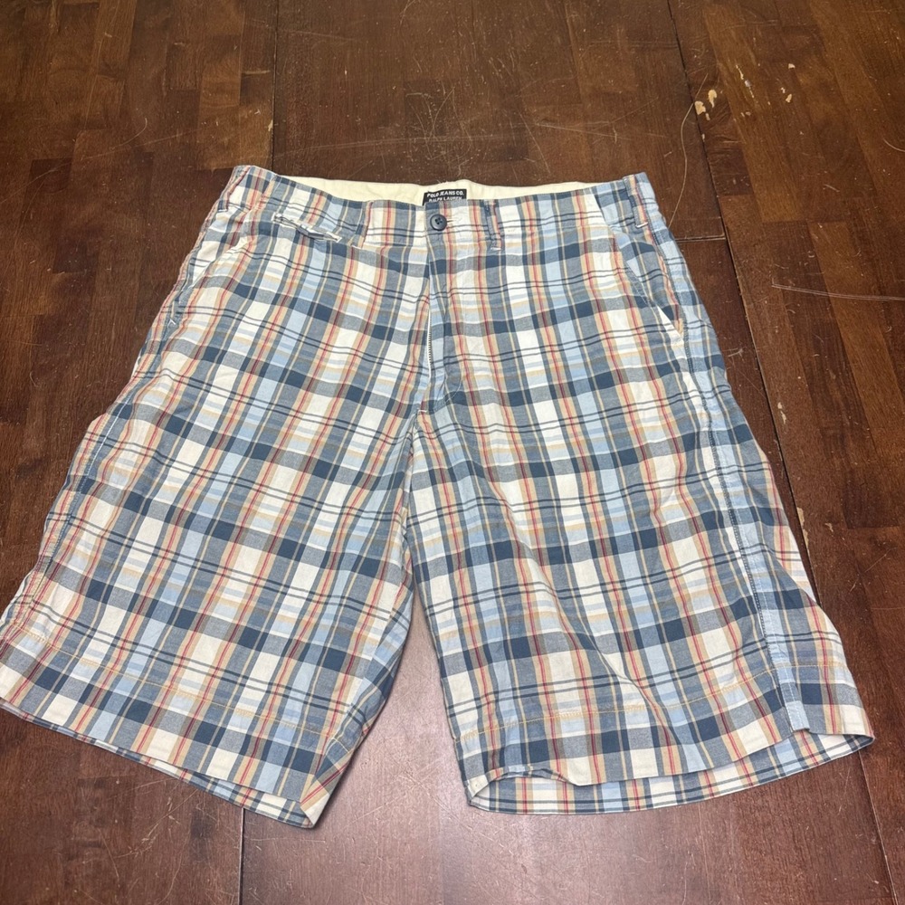 Vtg Polo Jeans Co Ralph Lauren Shorts Mens 33 Blue Plaid Cotton Flat Front 11"